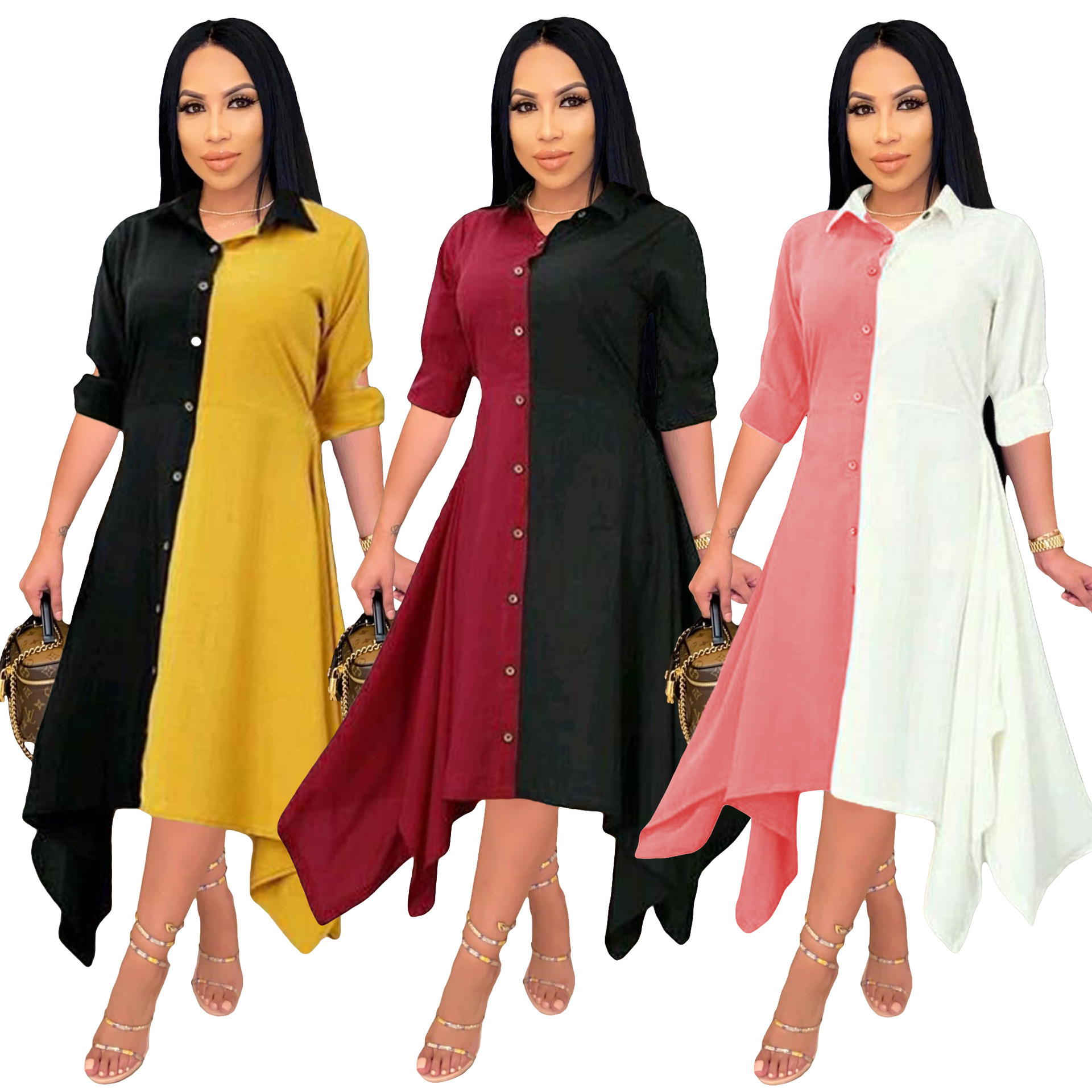 Casual hit color irregular shirt dress