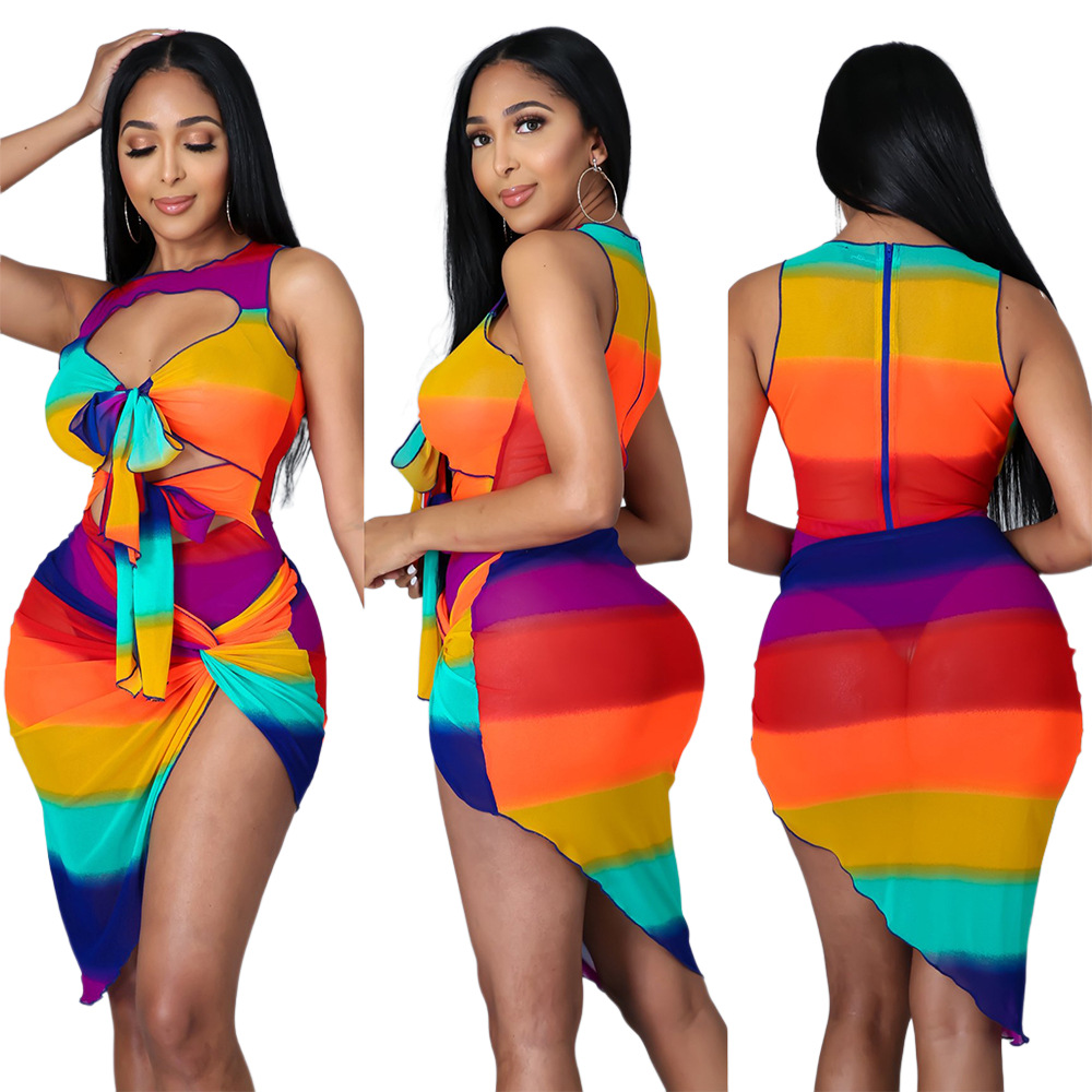 Sexy Rainbow Stripe hollow out kink split two piece set