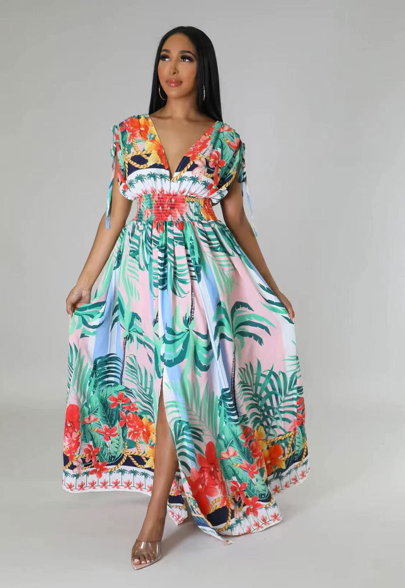 Flower print drawcord pleated waist split maxi dress